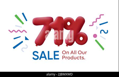 Speciale estate vendita banner 71% di sconto in forma di 3D palloncini Red Vector design stagionale shopping promo pubblicità illustrazione 3D numeri per tag offerta etichetta godere sconti fino al 71% di sconto Illustrazione Vettoriale
