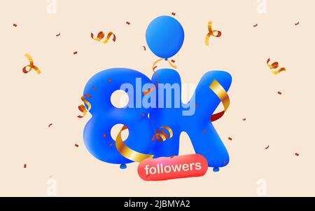 Banner con 8K seguaci grazie in forma 3D palloncini blu e confetti colorati. Illustrazione vettoriale 3D numeri per i social media 8000 follower grazie, Blogger festeggiamenti abbonati, mi piace Illustrazione Vettoriale