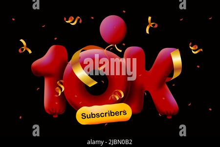 Banner con 10K seguaci grazie in forma 3D palloncini rossi e confetti colorati. Illustrazione vettoriale 3D numeri per i social media 10000 follower grazie, Blogger festeggiamenti abbonati, mi piace Illustrazione Vettoriale