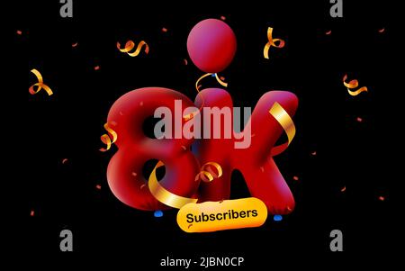 Banner con 8K seguaci grazie in forma 3D palloncini rossi e confetti colorati. Illustrazione vettoriale 3D numeri per i social media 8000 follower grazie, Blogger festeggiamenti abbonati, mi piace Illustrazione Vettoriale