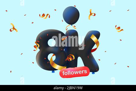 Banner con 8K seguaci grazie in forma 3D palloncini neri e confetti colorati. Illustrazione vettoriale 3D numeri per i social media 8000 follower grazie, Blogger festeggiamenti abbonati, mi piace Illustrazione Vettoriale