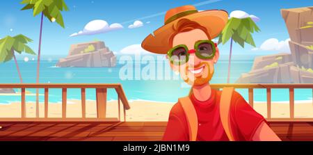 Uomo felice su bungalow portico in legno sulla spiaggia di sabbia mare con palme e montagne. Illustrazione vettoriale del personaggio maschile in occhiali da sole e ha Illustrazione Vettoriale