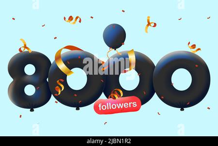 Banner con 8K seguaci grazie in forma di 3D palloncini neri e confetti colorati. Illustrazione vettoriale 3D numeri per i social media 8000 follower grazie, Blogger festeggiamenti abbonati, mi piace Illustrazione Vettoriale