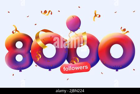 Banner con 8K seguaci grazie in forma di 3D palloncini rossi e confetti colorati. Illustrazione vettoriale 3D numeri per i social media 8000 follower grazie, Blogger festeggiamenti abbonati, mi piace Illustrazione Vettoriale