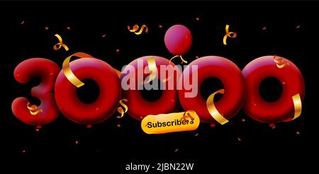 Banner con 30K seguaci grazie in forma di 3D palloncini rossi e confetti colorati. Illustrazione vettoriale 3D numeri per i social media 30000 follower grazie, Blogger festeggiamenti abbonati, mi piace Illustrazione Vettoriale