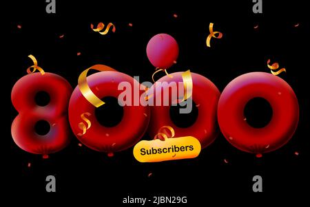 Banner con 8K seguaci grazie in forma di 3D palloncini rossi e confetti colorati. Illustrazione vettoriale 3D numeri per i social media 8000 follower grazie, Blogger festeggiamenti abbonati, mi piace Illustrazione Vettoriale