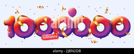 Banner con 1000000 seguaci grazie in forma di 3D palloncini rossi e confetti colorati. Illustrazione vettoriale 3D numeri per i social media 1M follower grazie, Blogger festeggiamenti abbonati, mi piace Illustrazione Vettoriale