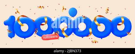 Banner con 1000000 seguaci grazie in forma di 3D palloncini blu e confetti colorati. Illustrazione vettoriale 3D numeri per i social media 1M follower grazie, Blogger festeggiamenti abbonati, mi piace Illustrazione Vettoriale