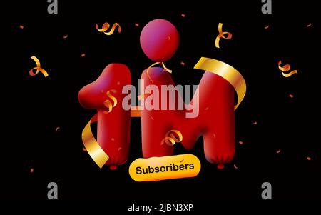 Banner con 1M seguaci grazie in forma di 3D palloncini rossi e confetti colorati. Illustrazione vettoriale 3D numeri per i social media 1000000 follower grazie, Blogger festeggiamenti abbonati, mi piace Illustrazione Vettoriale