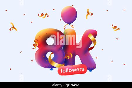 Banner con 8K seguaci grazie in forma 3D palloncini rossi e confetti colorati. Illustrazione vettoriale 3D numeri per i social media 8000 follower grazie, Blogger festeggiamenti abbonati, mi piace Illustrazione Vettoriale