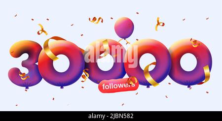 Banner con 30K seguaci grazie in forma di 3D palloncini rossi e confetti colorati. Illustrazione vettoriale 3D numeri per i social media 30000 follower grazie, Blogger festeggiamenti abbonati, mi piace Illustrazione Vettoriale