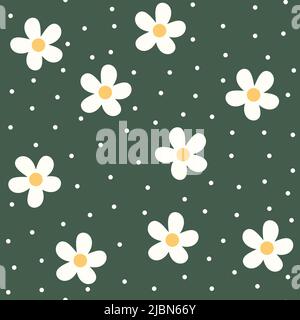 Motivo estivo senza cuciture con margherite piatte e puntini bianchi su sfondo verde. Motivo floreale di ripetizione carino per arredamento, tessuto, tessuto, sfondi, regalo Illustrazione Vettoriale