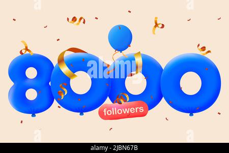 Banner con 8K seguaci grazie in forma di 3D palloncini blu e confetti colorati. Illustrazione vettoriale 3D numeri per i social media 8000 follower grazie, Blogger festeggiamenti abbonati, mi piace Illustrazione Vettoriale