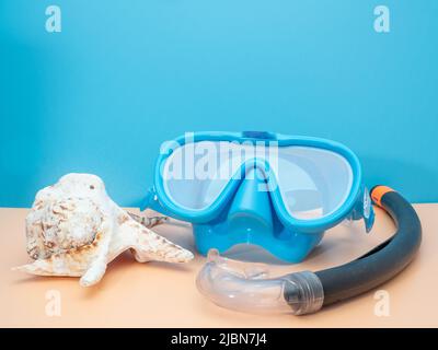 Maschera subacquea. Concetto di mare. Viaggio verso il mare. Foto Stock