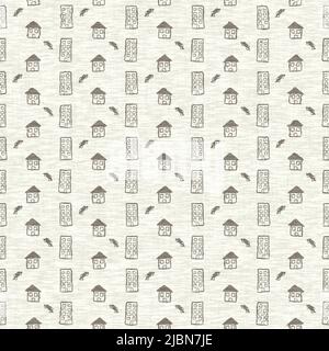 Mano disegnato Doodle casa lino effetto texture pattern. Stampa decorativa in tessuto grigio naturale senza cuciture per carta da parati in tela. Foto Stock