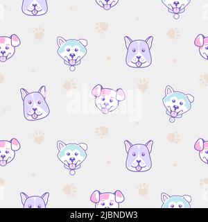 Modello senza giunture con Cartoon Shiba Dogs Design su sfondo bianco. Modello di puppy pastello. Illustrazione Vettoriale
