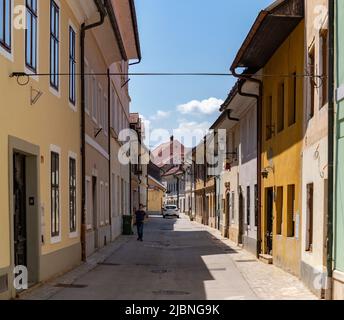 Una foto di una strada stretta e pittoresca a Kranj. Foto Stock