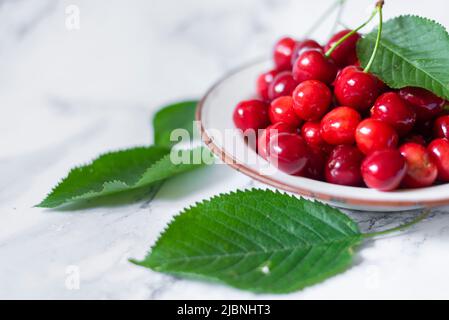 ciliegie appena raccolte in piastra di metallo su tavola di ceramica Foto Stock