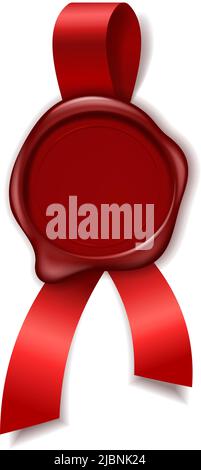 Marchio di garanzia realistico. Nastro rosso sigillato con cera Illustrazione Vettoriale