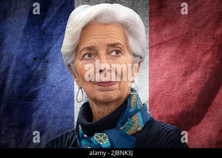 Christine Lagarde e la bandiera francese Foto Stock