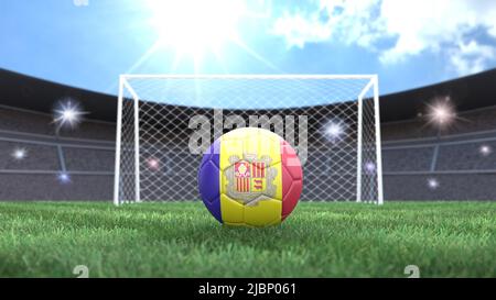 Pallone da calcio con bandiere colorate su uno sfondo luminoso e soleggiato dello stadio. Andorra. Immagine 3D Foto Stock