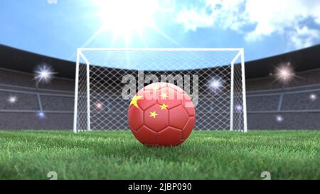 Pallone da calcio con bandiere colorate su uno sfondo luminoso e soleggiato dello stadio. Cina. Immagine 3D Foto Stock