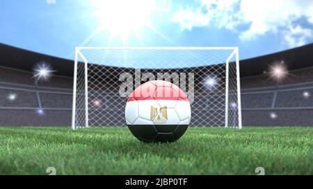 Pallone da calcio con bandiere colorate su uno sfondo luminoso e soleggiato dello stadio. Egitto. Immagine 3D Foto Stock