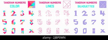 Tangram puzzle gioco Schemas con numeri diversi Illustrazione Vettoriale