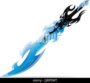 Illustrazione della spada magica del ghiaccio. Il magico metallo nero incornicia l'acciaio blu freddo della lama ghiacciata della spada. Fantasia, fantascienza, giochi, film. A WO Illustrazione Vettoriale