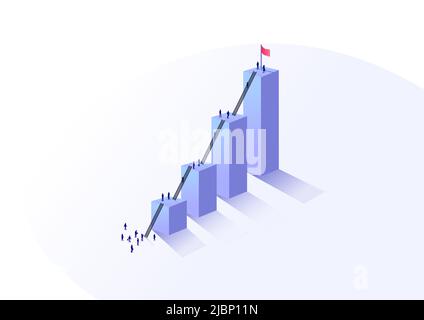 Concetto di crescita aziendale e personale. La forza lavoro che sale su un grafico a barre utilizzando scale per raggiungere la cima. Illustrazione vettoriale isometrica di un grou Illustrazione Vettoriale