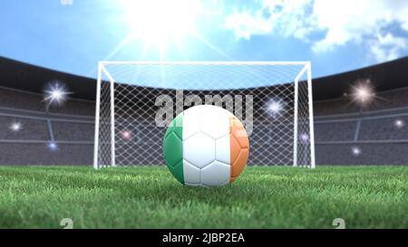 Pallone da calcio con bandiere colorate su uno sfondo luminoso e soleggiato dello stadio. Irlanda. Immagine 3D Foto Stock