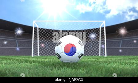 Pallone da calcio con bandiere colorate su uno sfondo luminoso e soleggiato dello stadio. Corea del Sud. Immagine 3D Foto Stock