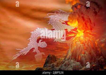 Eruzione statovulcano di notte con esplosione sullo sfondo della bandiera del Bhutan, soffre di eruzione e terremoto vulcanico concetto - 3D illustrazione Foto Stock