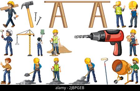 Set di oggetti per cantieri e illustrazione dei lavoratori Illustrazione Vettoriale