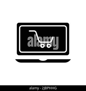 Vettore icona laptop con carrello. Shopping online, acquisti online, negozio online. Stile icona solido, glifo. Semplice illustrazione del disegno modificabile Illustrazione Vettoriale