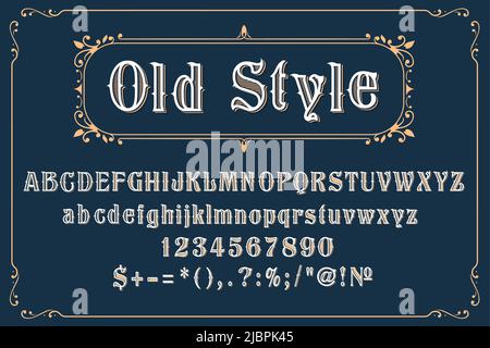 Fronte retro occidentale, alfabeto tipo vintage Wild West, lettere vecchio stile vettoriale. Caratteri tipografici occidentali o numeri di carattere tipografico e segni in stile di wild West cowboy berlina o vintage steampunk typeface Illustrazione Vettoriale