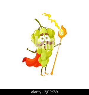 Personaggio mago dell'uva Cartoon. Mascotte mascotte vettoriale della fiaba della frutta matura con baffi, vestendo il mantello rosso e tenendo scettro fiammeggiante, stregone fantasia uva, mago o personaggio divertente mago Illustrazione Vettoriale