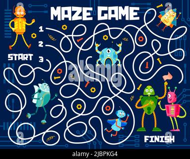 Labirinto labirinto, cartone animato robot divertenti su puzzle gioco bambini, foglio di lavoro vettoriale. I bambini scappano puzzle o labirinto labirinto labirinto riddle per cercare e scoprire la strada per i giocattoli robot e robot cyborg droid Illustrazione Vettoriale