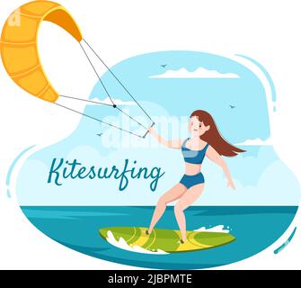 Estate Kitesurfing di sport acquatici attività Cartoon Illustrazione con Riding un aquilone grande su un bordo in stile piatto Illustrazione Vettoriale