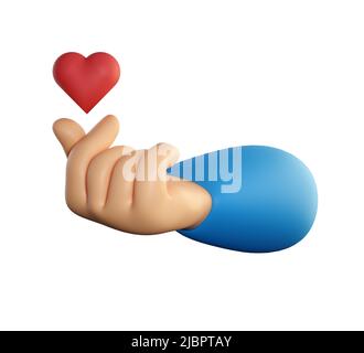 Mano umana che tiene il cuore volante. Fare il simbolo del cuore con il gesto delle dita. Rendering realistico di alta qualità 3D isolato su sfondo bianco. Foto Stock