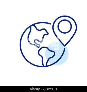 Puntatore della mappa di posizione sul globo. Pixel Perfect, icona grafica con linea di traccia modificabile Illustrazione Vettoriale