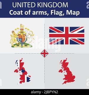 Regno Unito stemma, bandiera e mappa Illustrazione Vettoriale