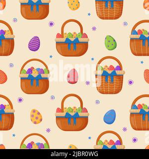 Cestello in vimini motivo senza cuciture. Cestino di vimini con uova di Pasqua per Pasqua. Accessorio in legno per riporre o trasportare oggetti. Illustrazione Vettoriale