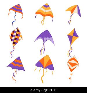 Set di aquiloni di vento volanti. Festival Makar Sankranti. Vento kite gioco. Illustrazione Vettoriale