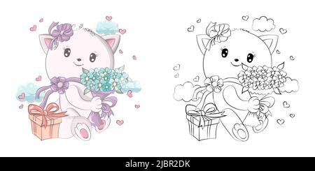 Cat Clipart multicolore e bianco e nero. Clip Art Cat con un mazzo di fiori e regalo. Illustrazione Vettoriale