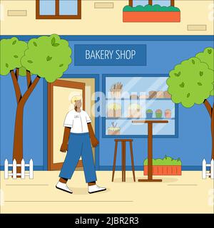 La costruzione della panetteria cittadina con tavoli e sedie all'aperto. L'uomo cordiale si rilassa all'aria aperta. Concetto vettoriale di un caffè estivo. Illu. Vettore piatto Illustrazione Vettoriale