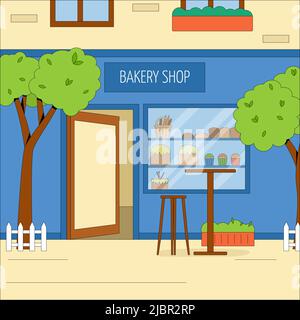 La costruzione della panetteria cittadina con tavoli e sedie all'aperto. Concetto vettoriale di un caffè estivo. Illustrazione vettoriale piatta Illustrazione Vettoriale