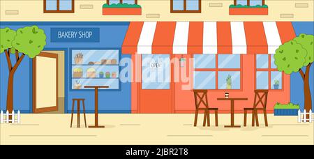 La costruzione della panetteria cittadina con tavoli e sedie all'aperto. Facciata del cafe building città sfondo strada. Cafe bistrot cena caffetteria concep Illustrazione Vettoriale