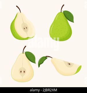 Set di pere verdi con foglie verdi isolate su sfondo bianco. Illustrazione vettoriale piatta. Illustrazione Vettoriale