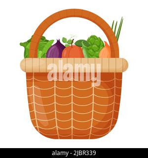 Cestini da picnic. Dorso in vimini con frutta fresca. Cavolo, cipolla, pesca. Illustrazione vettoriale piatta. Illustrazione Vettoriale